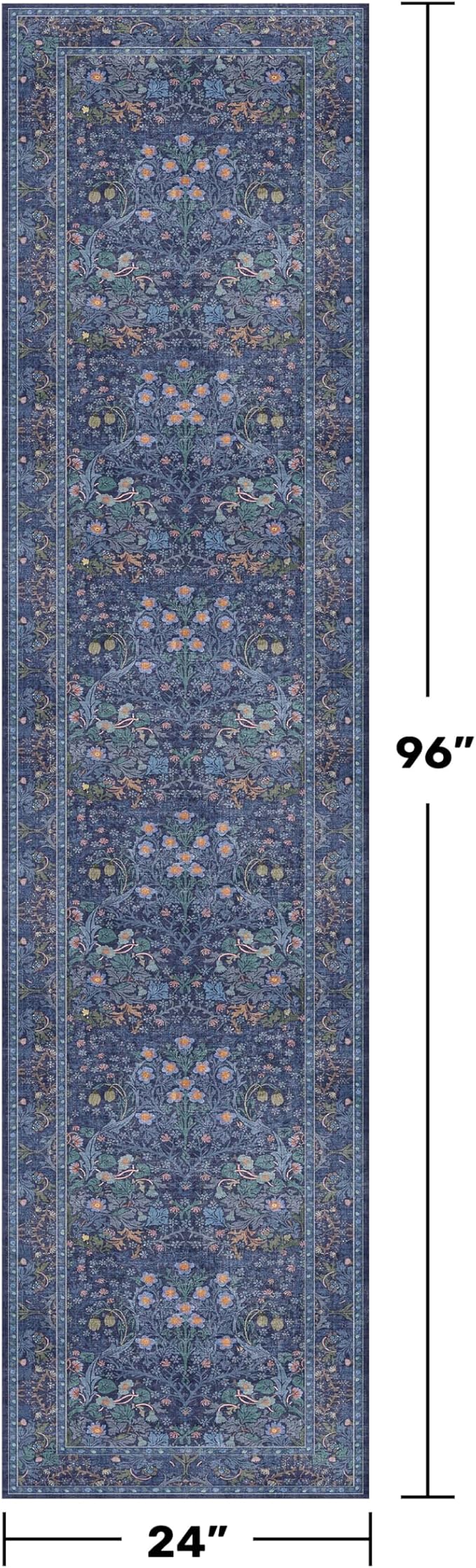 Dark Blue Washable 2x8 Runner Rugs Non Slip for Hallway, Bathroom, Kitchen, Entryway - 8ft Long Low Pile Carpet Runner, Floral Pattern Indoor Floor Mats Stain Resistant Home Décor