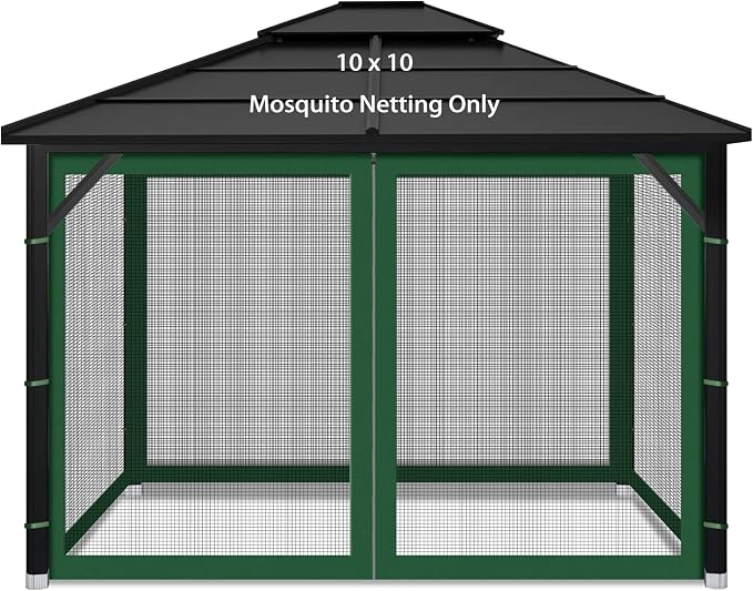 Gazebo Replacement Mosquito Netting Outdoor Universal Gazebo Canopy 4-Panels Screen Sidewalls with Zipper for Patio Garden (Green, 10x10)