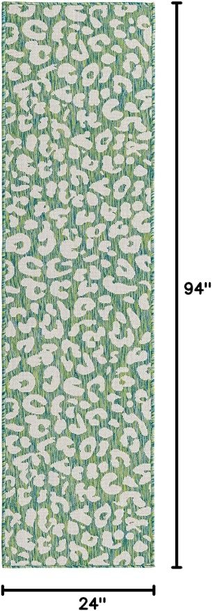 Unique Loom Outdoor Safari Collection Area Rug - Leopard (2' x 7' 10" Runner, Green Blue/ Ivory)