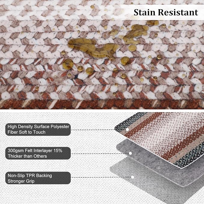 RUGSREAL 9x12 Braided Rug Washable Non Slip Living Room Bedroom Area Rugs | Modern Braid Printed Large Dining Room Rug with Rubber Backing Farmhouse Accent Carpet for Home Decor Office, Olive/Brown