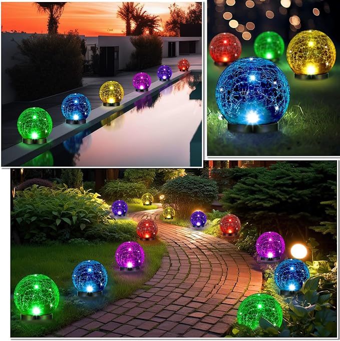 Glooglitter 6 Pcs Extra Large Solar Globes Lights Outdoor Cracked Glass Ball Solar Light Multi Color Pre Lit Crystal Waterproof Lawn Globes for Yard Landscape Garden Decor (4.72")