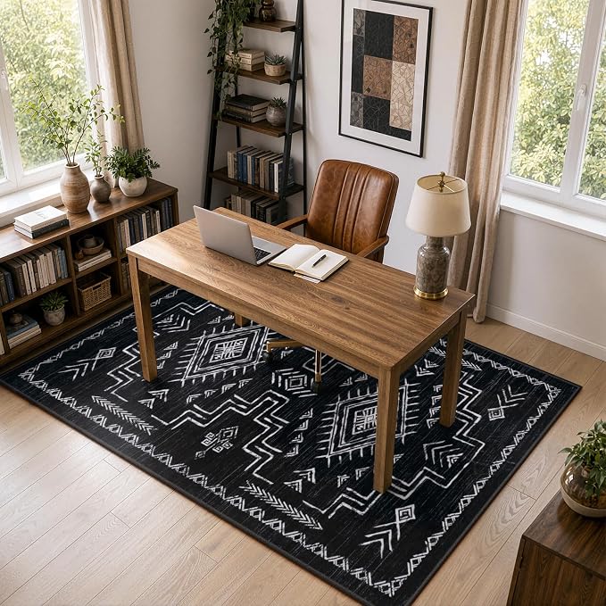 STARUIA Moroccan Washable 5x7 Area Rugs, Black Western and Aztec Tribal Boys Neutral Rug for Living Room, Soft Non-Slip Stain Resistant Large Carpet for Bedroom Dining Table Office