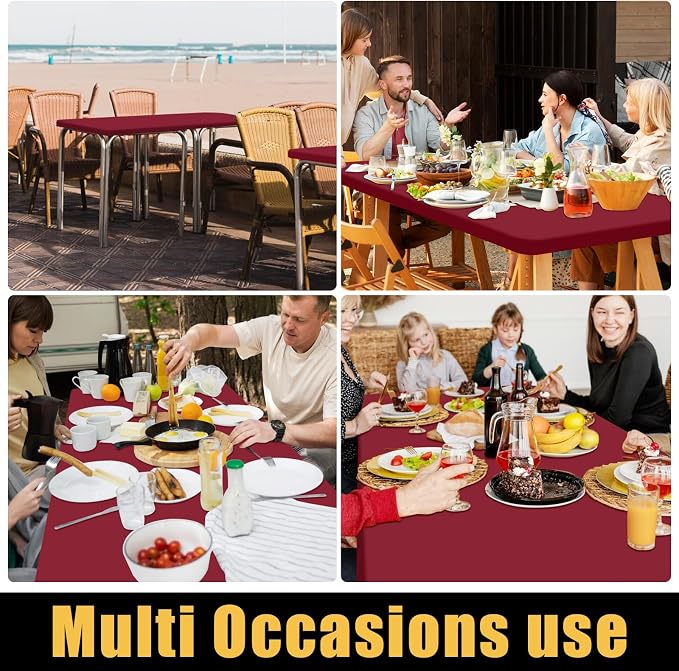 Smiry 6 Pack Rectangle Picnic Table Cloth, Waterproof Elastic Fitted Tablecloths, Washable Polyester Rectangular Patio Table Cover for Camping, Indoor and Outdoor (Wine Red, 30"x48")