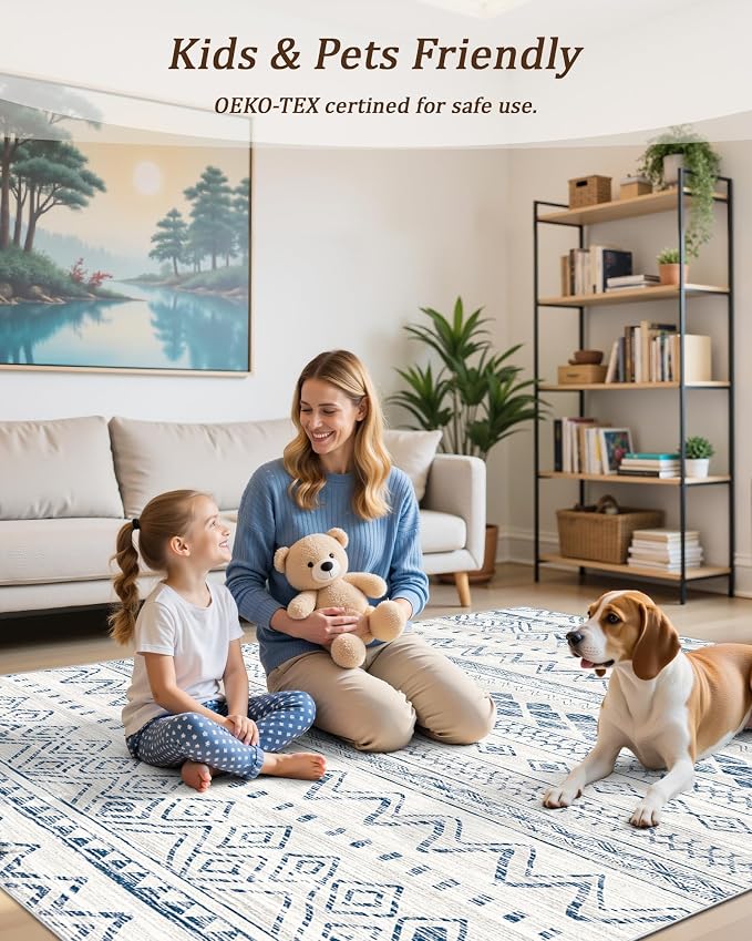 Miukiki 5x7 Washable Area Rug for Living Room, Soft Non Slip Rug Blue | Non-Slip Thin Throw Rug for Bedroom Kitchern Dining Room Office, Low Pile Indoor Floor Carpet with Vintage Pattern 5'x7'
