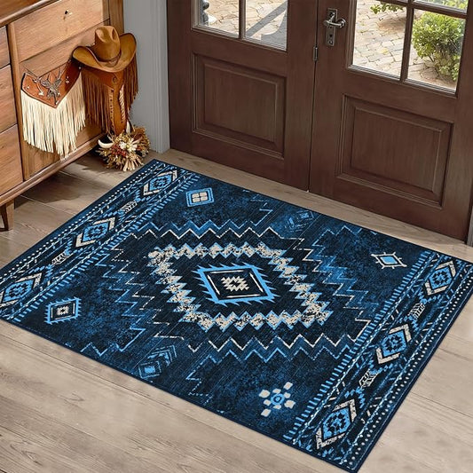 Yinhua Western 2x3 Rug Non-Slip, Aztec Entryway Rugs Low-Pile, Navy Blue | Moroccan Washable Rug Stain Resistant, Front Door Rugs with Rubber Backing for Bathroom Kitchen Hallway