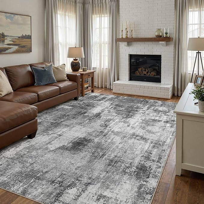 DMOYEST 10x12 Area Rug for Living Room Washable Abstract Indoor Carpet | Neutral Modern Low Pile Rugs Kid & Pet Friendly Large Soft Thin Carpet for Bedroom Dining Room and Office - Black