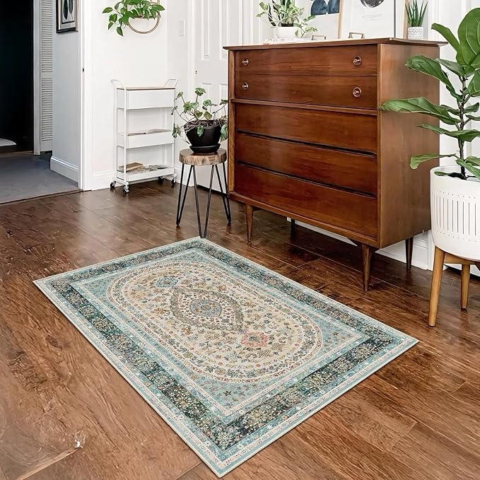 Small Rugs 2x3,Blue Rug for Entryway Bathroom Entrance Doormat | Boho Vintage Bohemian Distressed Washable Oriental Accent Floor Throw Carpet Non Slip,Floral
