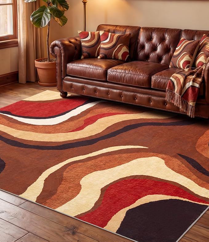 Burnt Orange Rug 4x6 Washable,Farmhouse Brown Retro Carpets,Geometric Abstract Wavy Rug for Bedroom,Unique Colorful Rugs for Living Room,Dining Room,Bedside Rugs