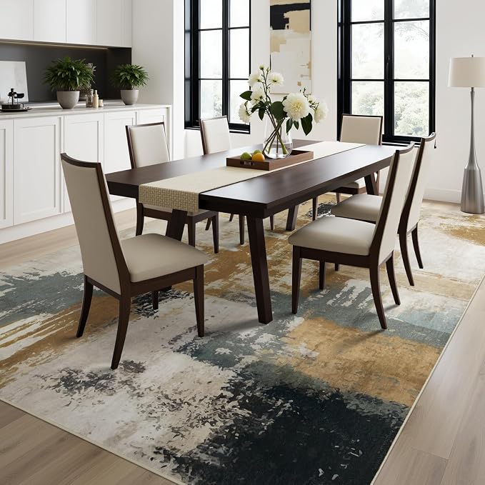 Joydeco 5x7 Area Rugs for Living Room, Non-Slip Modern Abstract Soft Washable Rug, Low Pile Carpet for Bedroom, Dining Room, Home Office, Pet & Child Friendly, White &Beige & Dark Gray