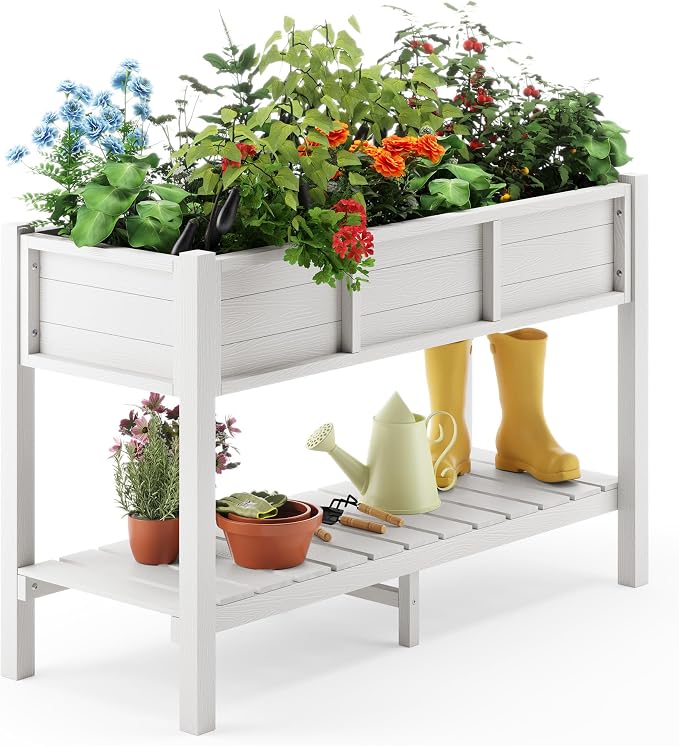 LUE BONA Raised Garden Bed with Tools, 45*18*29 in, Poly Elevated Planter Box with Legs And Storage Shelf, Weather Resistant, 3-Year Warranty, Standing Growing Bed Herb Planter for Vegetable, White
