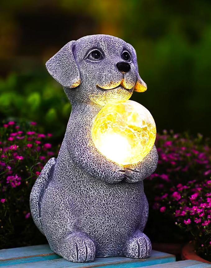 Dog Garden Statues - 8.4 Resin Dog Decor LED Lights | Outdoor Garden Decor for Lawn Porch Yard - Unique Dog Gifts for Mom Grandma
