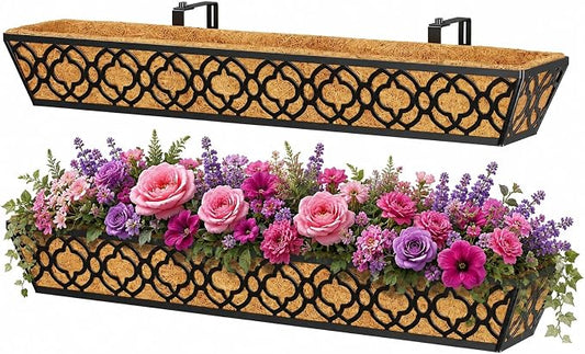 Y&M 36 Inch Window Deck Planter with Coco Liner, Metal Hanging Flower Boxes for Fence, Railing, Balcony, and Outdoor Garden Lawn – 2pcs