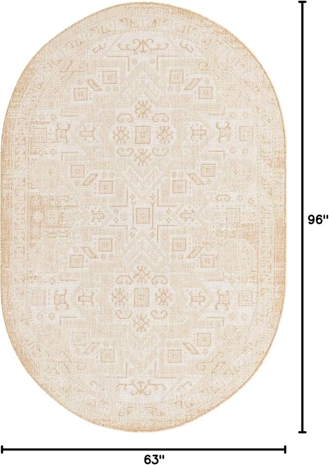 Unique Loom Outdoor Aztec Collection Area Rug - Coba (5' 3" x 8' Oval, Natural/ Ivory)