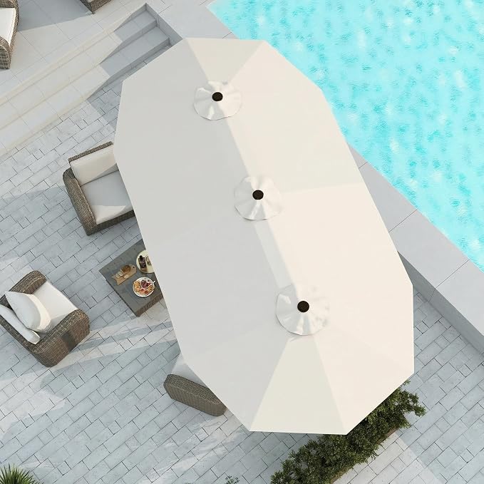 15FT Large Patio Umbrella with Base Included, Double Sided Outdoor Market Umbrella with Flexible Fiberglass Ribs, UV-Blocking Extra Large Umbrella for Garden, Pool, Deck, Creamy White