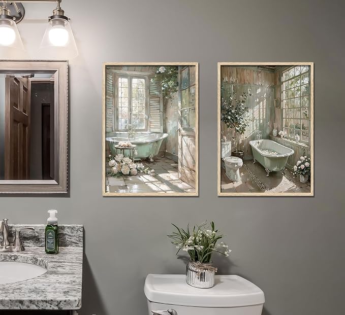 Vintage Farmhouse Theme Bathroom Canvas Wall Art Bathtub With Flowers Poster Print Painting Rustic Farmhouse Window Wall Decor Sunlit Floral Bathroom Pictures Artwork for Toilet Restroom Decoration