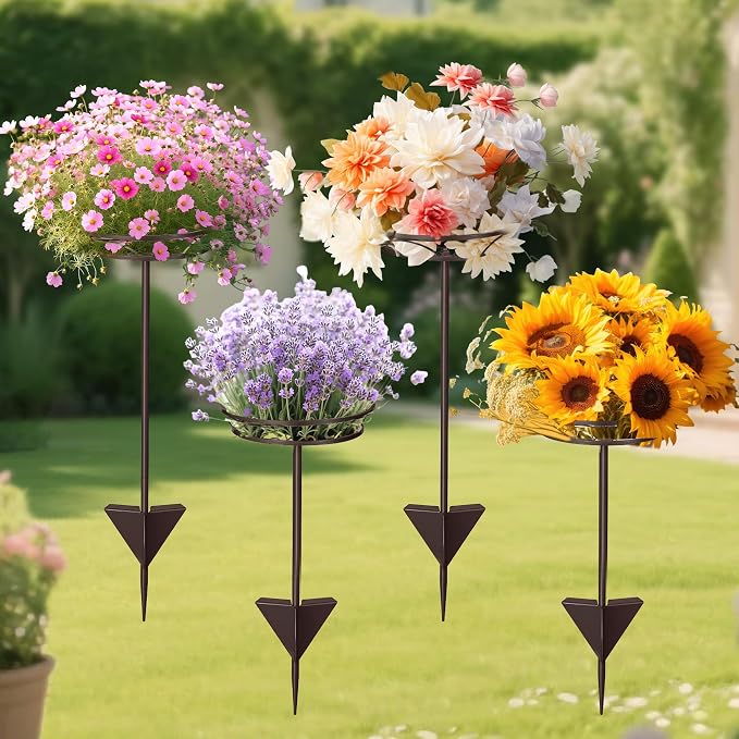 Tellingyou 4 Pack Adjustable Outdoor Flower Pot Stand, Metal Outdoor Plant Stands, Spring Summer Versatile Plant Stand Garden Stake for Display Plants, Elegant Solution for Landscaping Decor (Brown)