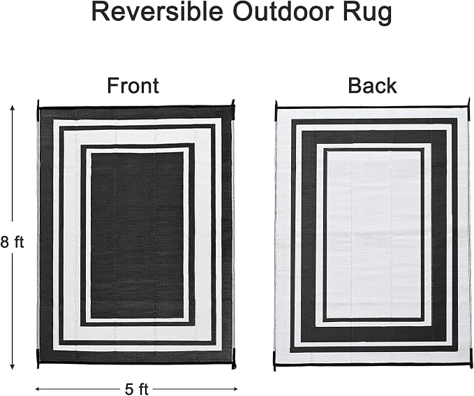 RURALITY Plastic Straw Outdoor Mats 5 ft by 8 ft for Patios Waterproof Rugs for Backyard,Porch,Deck,Balcony,Reversible,Black and White