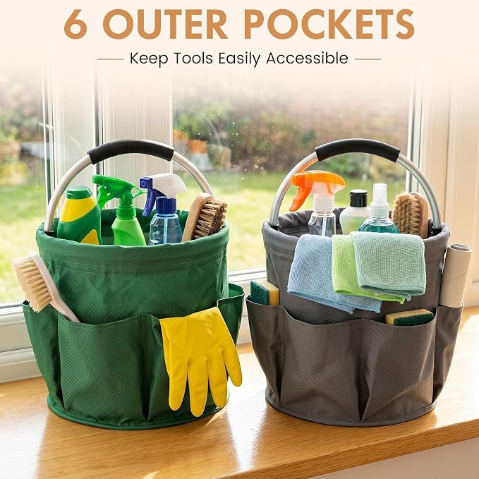 LemonRoad 4 Pack Cleaning Caddy with Handle 17L Foldable Cleaning Supplies Organizer Oxford Cloth Storage Basket with 6 Pockets Portable Multi Bucket Bag for Home Garden(Black,Dark Gray,Red,Green)
