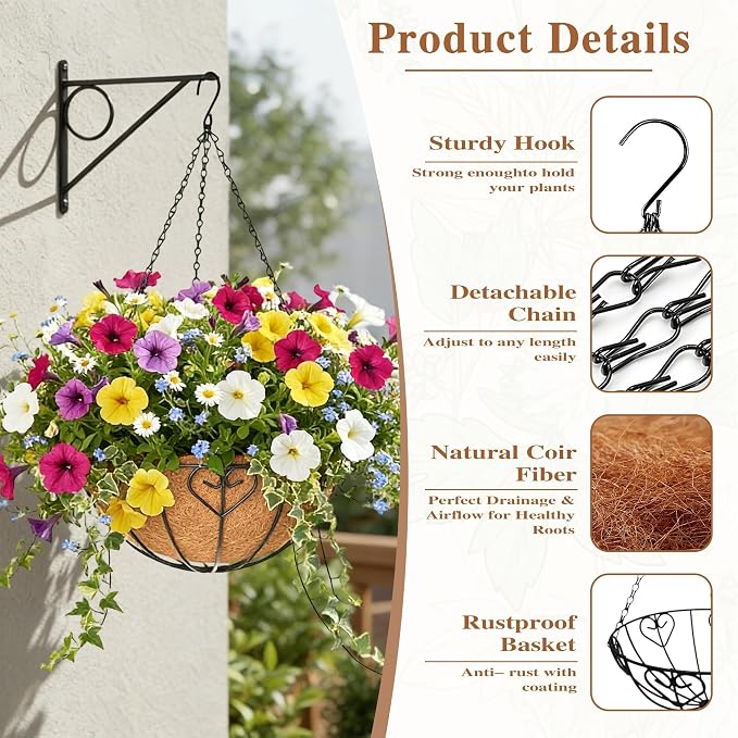 4 Pack Hanging Planter for Outdoor Plants 16 inch Metal Hanging Flower Basket with Coco Coir Liner Round Wire Plant Holder Chain Flower Pots Outdoor Garden Decoration Watering Hanging Baskets（AX）