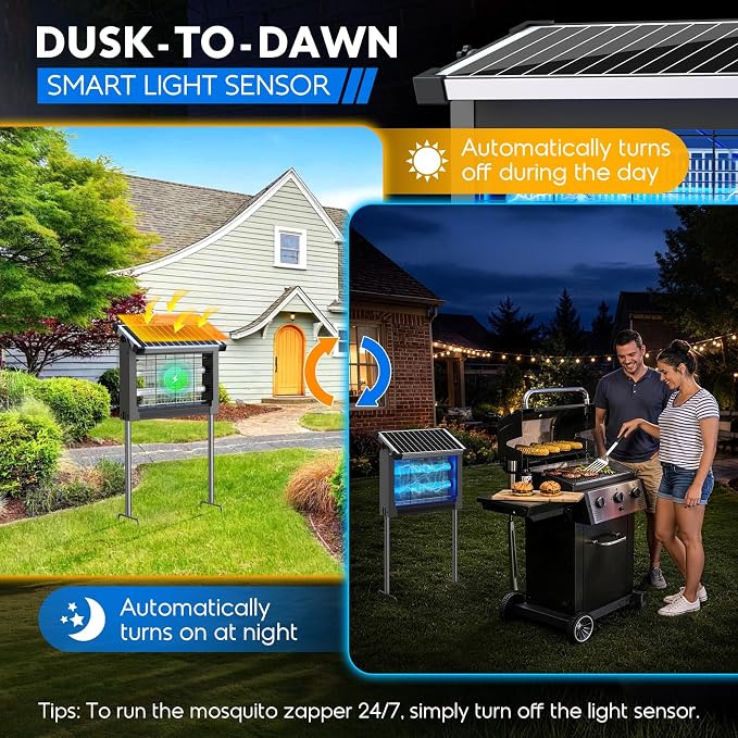 Solar Bug Zapper Outdoor, Waterproof Mosquito Zapper Outdoor Solar Powered, 4500V Electric Bug Zapper Indoor with Smart Light Sensor, Mosquito Trap Fly Zapper for Patio Kitchen Garage Yard Camping