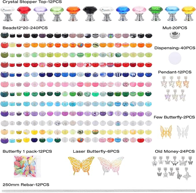 380Pcs Beaded Garden Stake, DIY Fairy Wand Beaded Decorative Butterfly Garden Stake Kit with 12IN Threaded Rod Crystal Stopper Top Large Holes Beads Butterfly Decoration Pendants Outdoor
