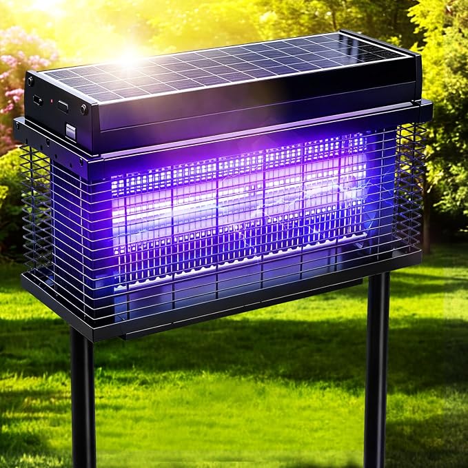 Solar Bug Zapper Outdoor, Purple UV Mosquito Zapper with Smart Rain Off Rechargeable Mosquito Killer Lamp, Wireless Solar Powered Fly Trap for Yard Patio RV (Pure Black)