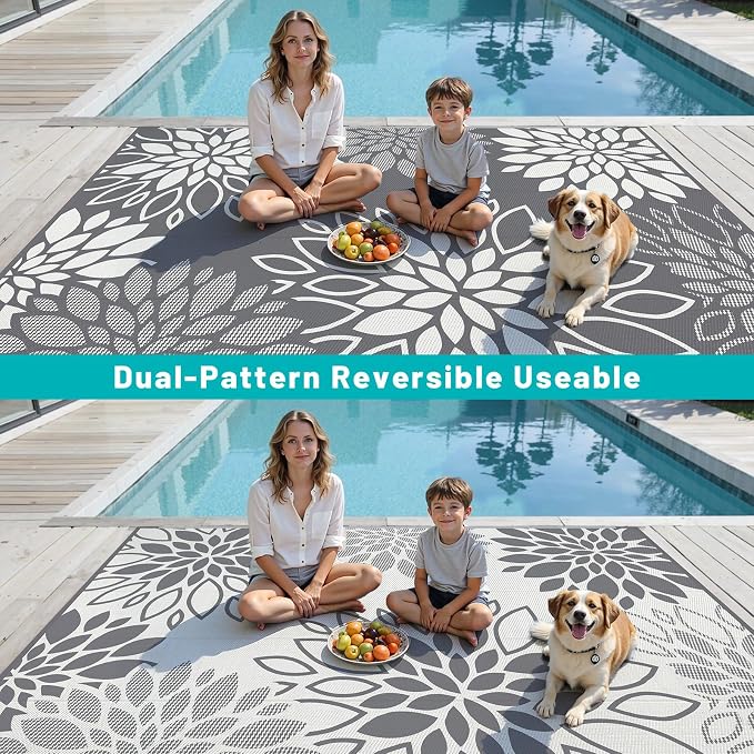 HEBE Waterproof Outdoor Rug 8x10 for Patios, Floral Reversible Plastic Straw Rug Patio Mat, Indoor Outdoor Carpet RV Mat Camping Rug for Deck, Camper, Porch, Balcony, Backyard, Picnic