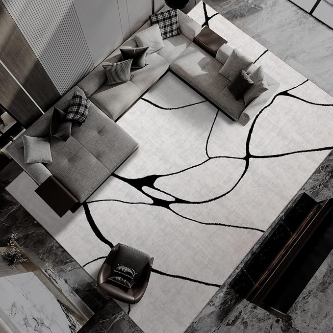 9x12 Washable Modern Abstract Black White Area Rug | Ultra-Thin Low Pile, Non-Slip TPE Backing, Soft Stain Resistant, Machine Washable, for Hallway Entryway Laundry High Traffic