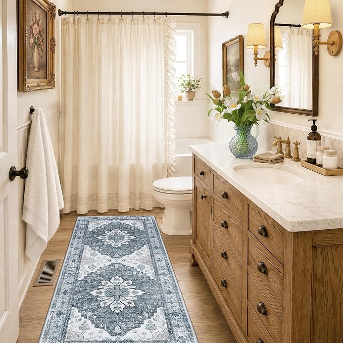 RELEANY Washable Area Rug, Runner 2'x6', Grey/White/Beige | Non-Slip, Water Repellent, Pet Friendly, Easy to Clean, Vintage Floral Boho Decor for Kitchen Entry Bedroom Bedside Laundry