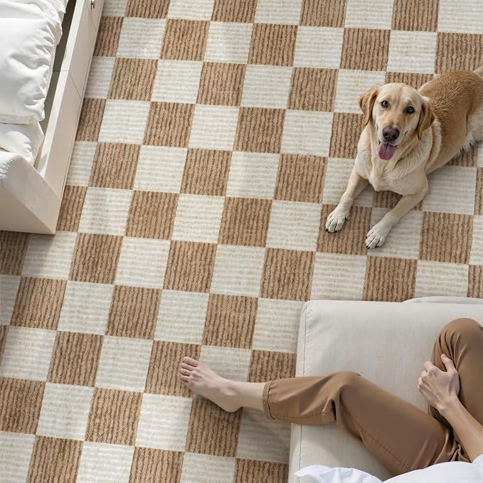 LIVEBOX 8x10 Area Rugs for Living Room, Checkered Non-Slip Washable Rugs, Farmhouse Neutral Classic Geometric Pattern Large Boys Area Rug for Bedroom, Carpet for Dining Room Office(Brown,8'x10')