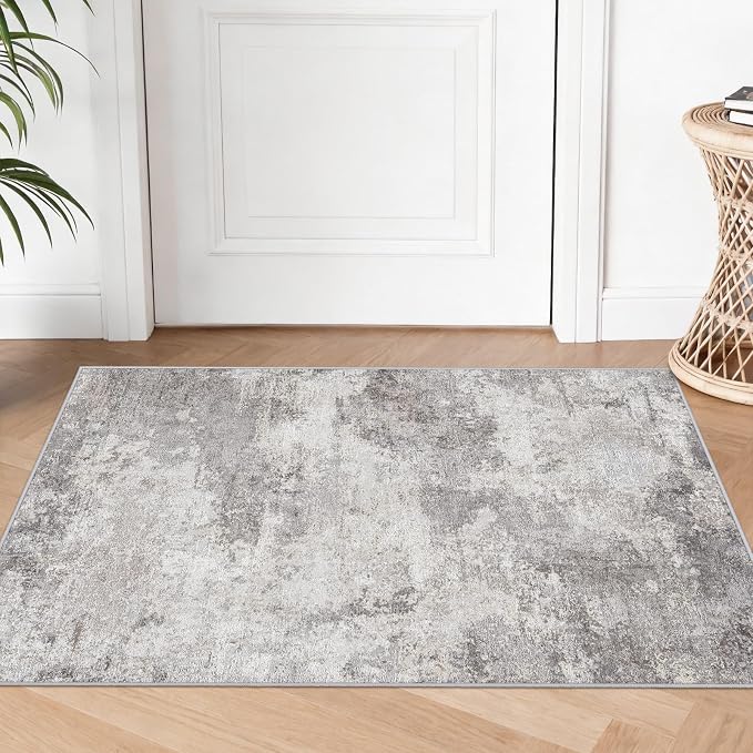 2x3 Modern Abstract Area Rug: Washable Non Slip Small Rug for Bathroom Grey | Sink Kitchen Bedside - Soft Low-Pile Doormat for Entryway Laundry Room Decor 2x3 Grey