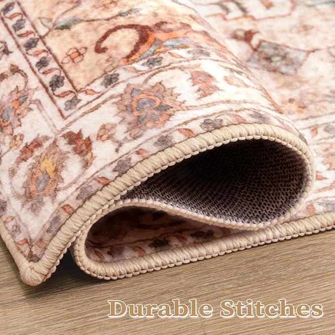 SERISSA 3x5 Washable Non Slip Boho Area Rug for Bedroom，Peach Cream | Ultra Soft Vintage Oriental Carpet Low-Pile Distressed Tribal Throw Rug Carpet for Living Room Nursery Kitchen Dorm Decor