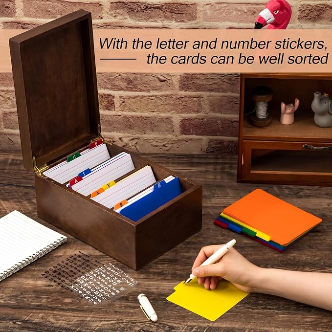 Henoyso 4 x 6 Inch Index Card Holder Set, Bamboo Index Cards Organizer, 50 Pcs Dividers 2 Sheets Alphabet Number Stickers File Note Holders for Office Business Classroom, Brown