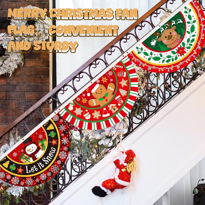 Tudomro 12 Pcs Christmas Bunting Fan Flag for Outdoor 1.5 x 3 ft Christmas Bunting Flag for Outside Santa Claus Snowman Half Fan Hanging Banner Xmas Garden Decoration