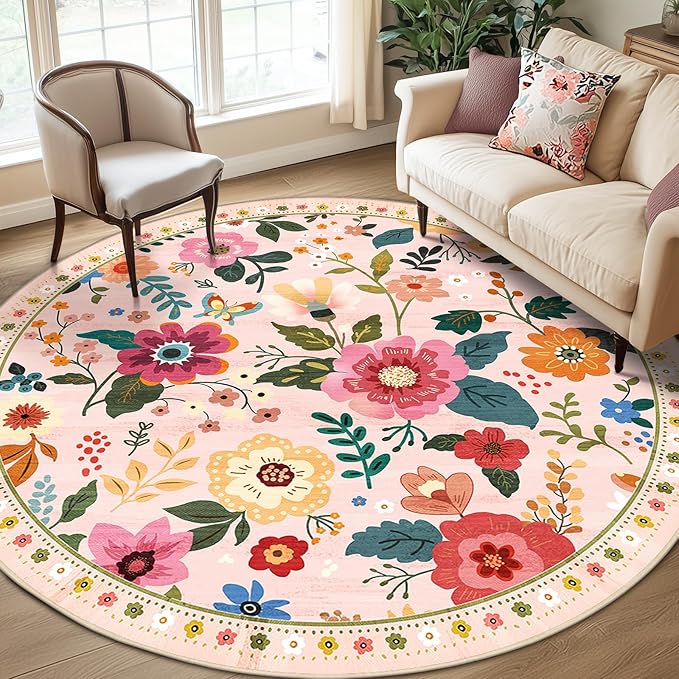 RELEANY Floral Washable Round 8ft Area Rug Pink | Flower Carpet, Print, Boho, Non-Slip, Easy to Clean, Soft, Low Pile for Living Room Bedroom Kitchen Office Entryway Hallway