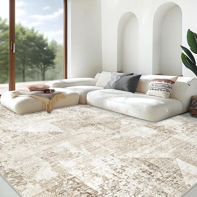 Area Rug Living Room Rugs 8x10 - Large Soft Boho Geometric Rug, Non-Slip Foldable Washable Rugs Non Shedding Morden Indoor Floor Carpet for Living Bedroom Office Dining Room(Neutral Beige, 8'x10')