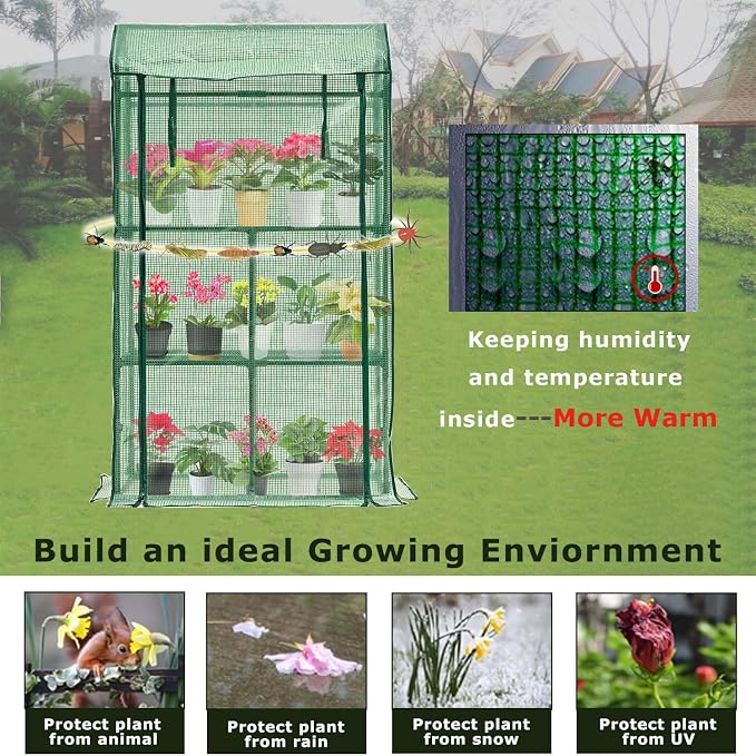 Purlyu Mini Greenhouse for Indoor Outdoor, Small Plastic Plant Green House Rack Stand Portable Greenhouses with Durable PE Cover for Seedling 60 "x 35"x 16",20 Pcs T-Type Plant Tags Include（PLGH4053G）