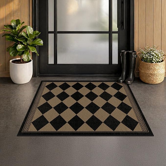 2x3 Elegant Farmhouse Checkered Kitchen Rug, Easy Jute Style Front Door Mat, Non-Slip Washable Soft Area Rug, Non-Shedding Low Pile Carpet for Entryway, Kitchen Sink, Porch & Doorway, Brown & Black