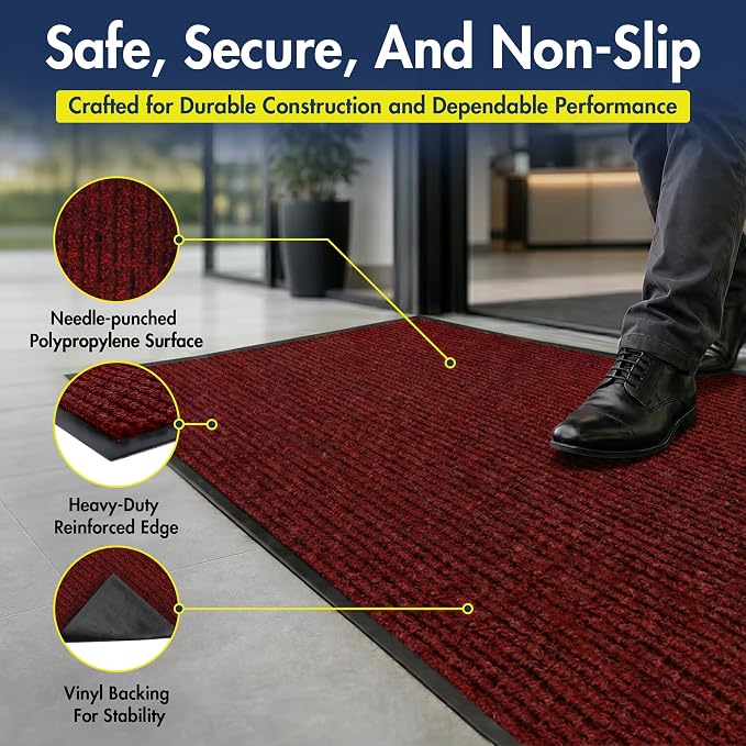 Notrax 109 Industrial Door Mat, 4' x 6' Large Entrance Mat, Heavy Duty Commercial Rugs for Entryway, Welcome Lobbies, Garage, and Mudroom, Made in the USA, Red, Brush Step 109S0046RB