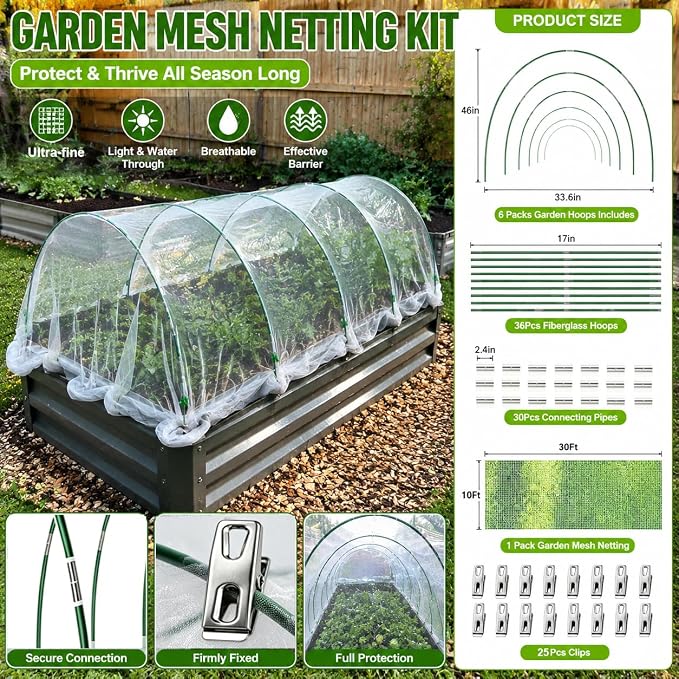 Garden Netting Kit for Raised Beds,10x33ft Ultra Fine Insect Netting Garden Bed Covers & 6 Sets of 8ft Fiberglass Garden Hoops (6 Sets Garden Hoops with White10x33ft Garden Netting)