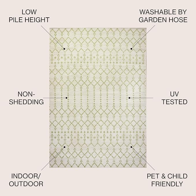 JONATHAN Y Moroccan Geometric Indoor Outdoor Area Rug 8X10 Cream/Green, Ourika Textured Weave for Backyard, Patio, Porch, Easy-Cleaning, High Traffic, Pet-Friendly, Non-Shedding (SMB108M-8)