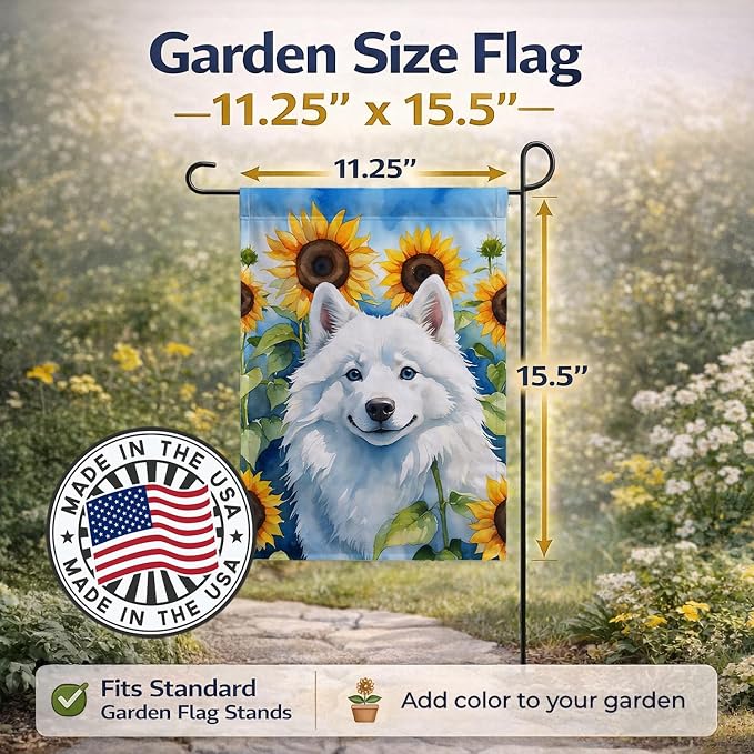 Caroline's Treasures DAC6008GF American Eskimo in Sunflowers Garden Flag Mailbox Flag Decorative Yard Flag Banner Outside Patio Artwork Yard Flower Beds, Garden Size, Multicolor