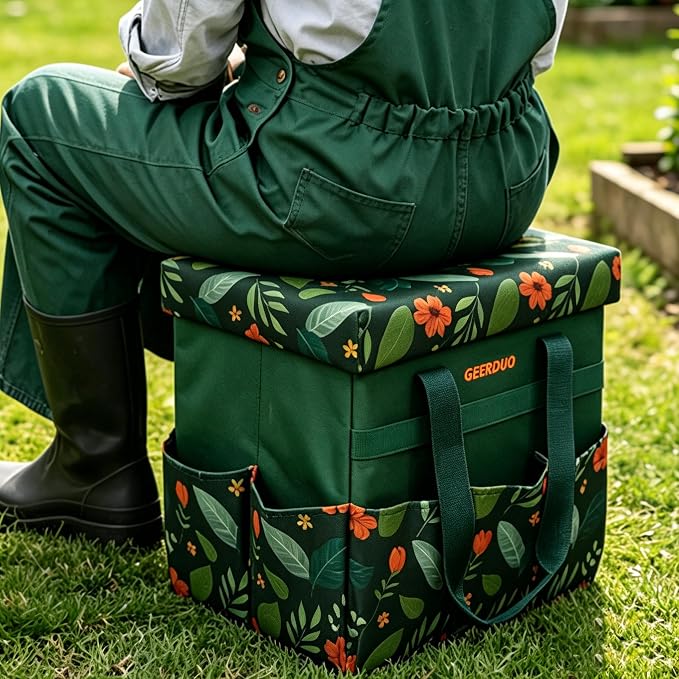 30L Collapsible Garden Seat & Storage Box, Heavy Duty Floral Organizer Bag with 10 Side Pockets, Portable Foldable Stool for Camping, Picnic, Car Trunk and Home