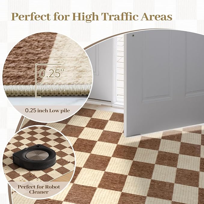 LIVEBOX 8x10 Area Rugs for Living Room, Checkered Non-Slip Washable Rugs, Farmhouse Neutral Classic Geometric Pattern Large Boys Area Rug for Bedroom, Carpet for Dining Room Office(Dark Brown,8'x10')