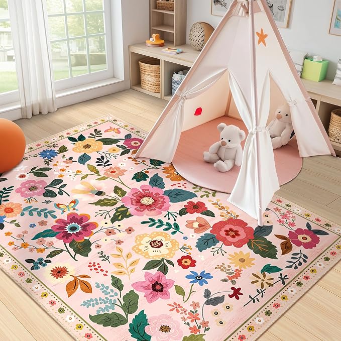 RELEANY Floral Washable 3x5 Area Rugs Pink | Flower Carpet, Print, Boho, Non-Slip, Easy to Clean, Soft, Low Pile for Living Room Bedroom Kitchen Office Entryway Hallway
