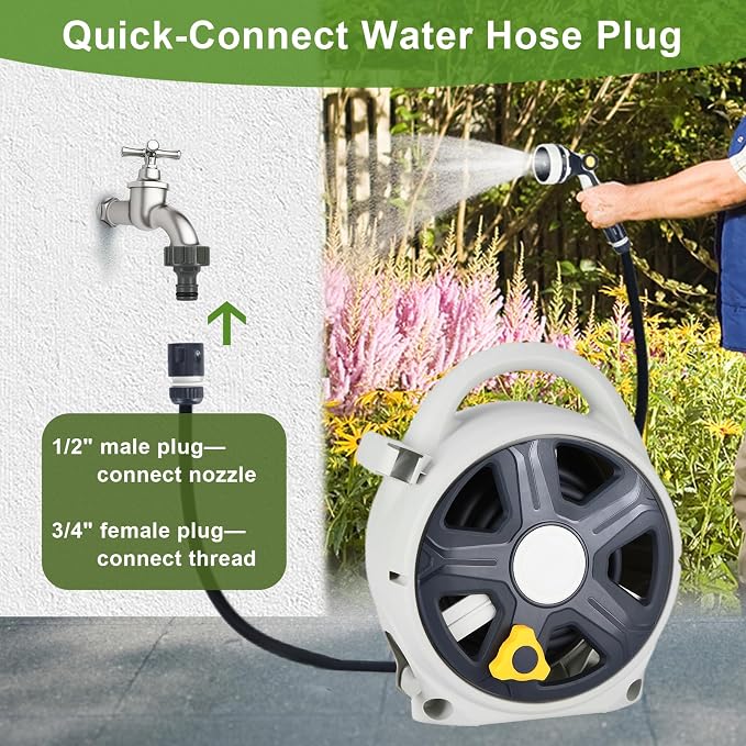 Retractable Garden Hose Reel, 1/2” x 60 ft Portable Hose Reel with 10 Patterns Spray Nozzle, Heavy Duty, Leakproof, Durable & Compact Design for Garden Watering, Car Washing, Pet