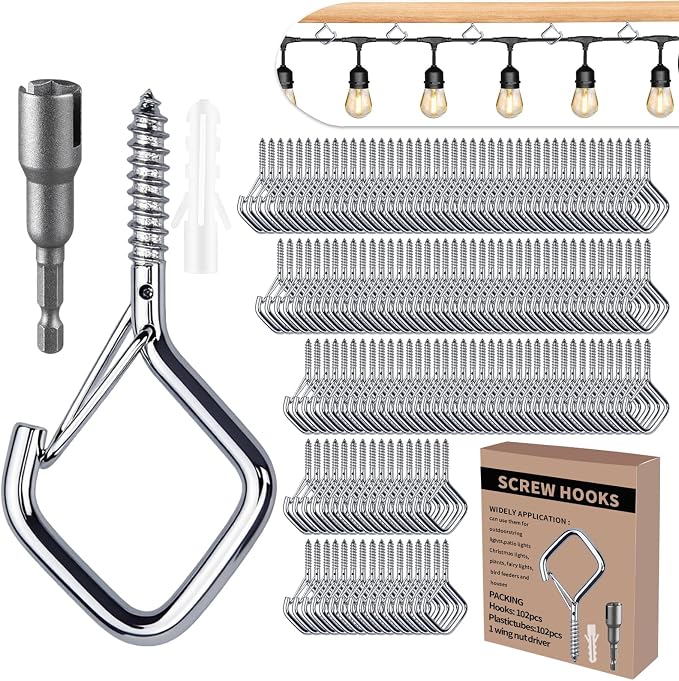 102 PCS Metal Sliver Eye Screw Hooks for Hanging Heavy Duty.Windproof Ceiling Hooks for Hanging Plants,Cup,Wind Chime,Bird Feeders,Christmas String Lights at Indoor&Outdoor 2.2 Inch
