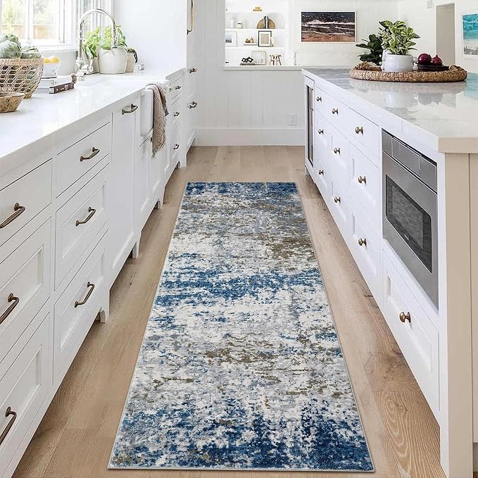 ROYHOME 2x6 Modern Abstract Runner Rug for Hallway Kitchen Bathroom, Navy | Non Slip Soft Machine Washable Stain Resistant Rugs Low Pile Non Shed Rug