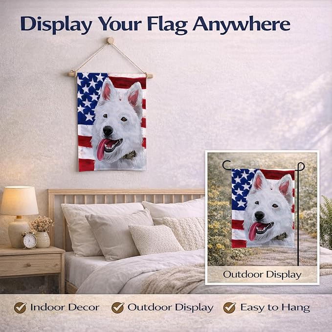 Caroline's Treasures CK6431GF Berger Blanc Suisse American Flag Garden Flag Mailbox Flag Decorative Yard Flag Banner Outside Patio Artwork Yard Flower Beds, Garden Size, Multicolor