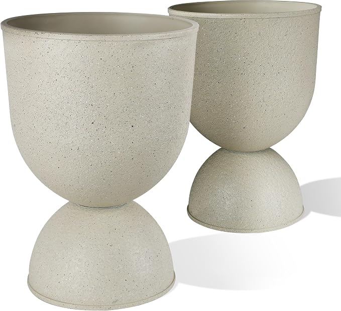 KOL Planters Flower Pots, Plastic Urn Planters for Indoor Outdoor Plants, Beige Pedestal Planter Pots 2 Pack, 18 Inch Tall Decorative Planters with Drainage Holes & Plugs for Front Porch Patio Garden